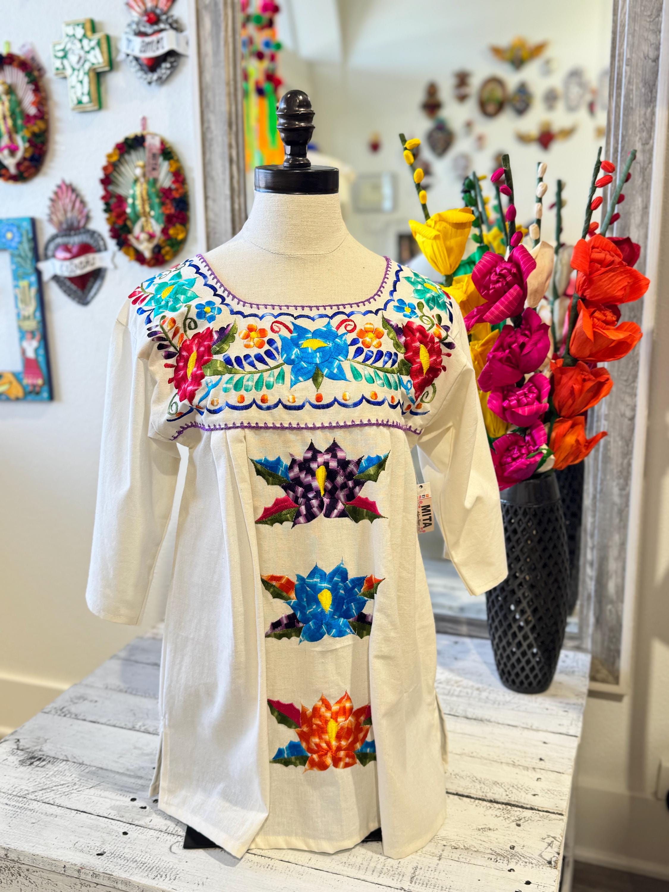 Embroidered Mexican Blouse – Artisan Cotton Peasant Top, Beige