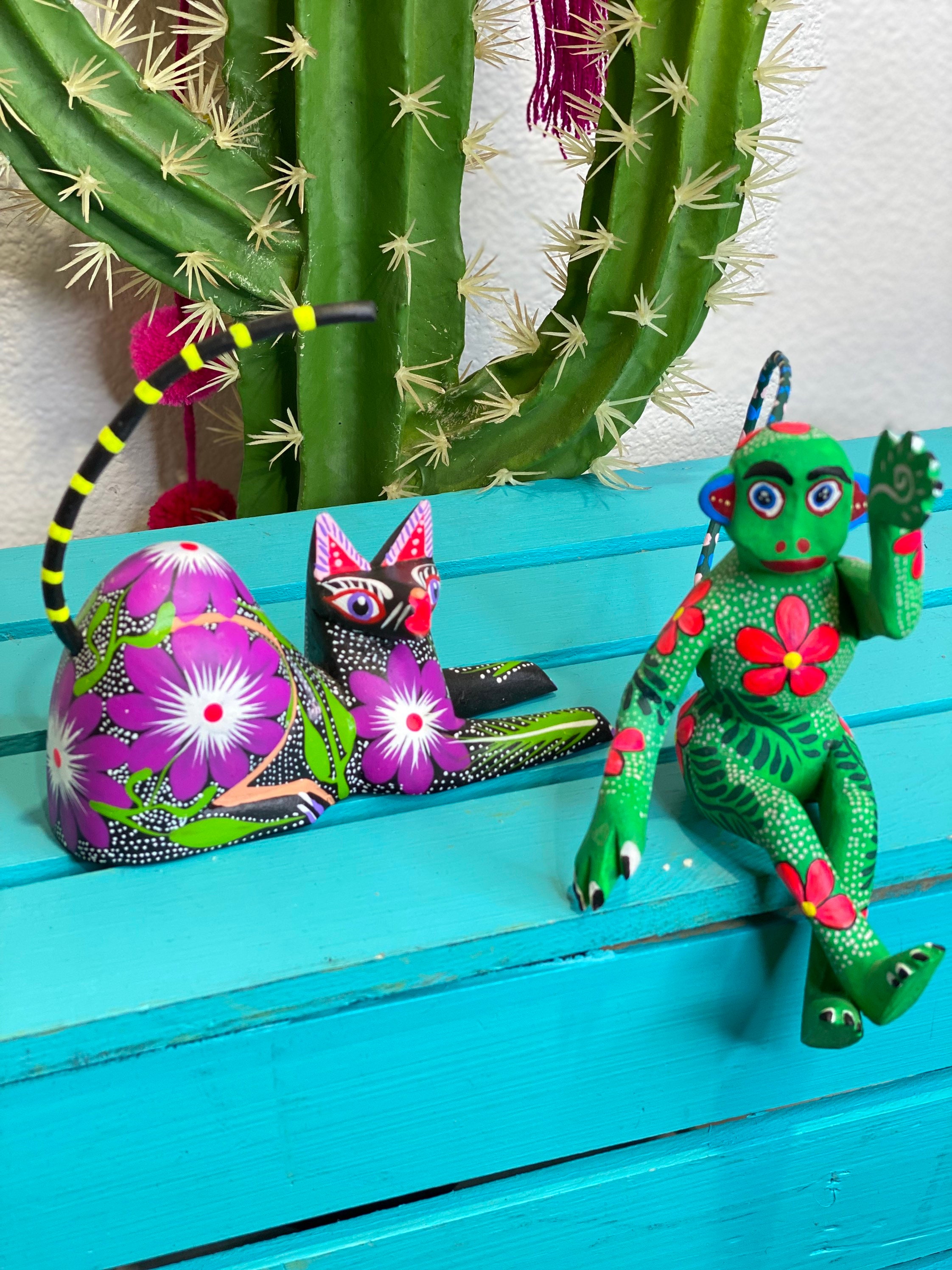 Handmade Copal Wood Alebrije: Oaxacan Cat & Monkey Figurines - Etsy