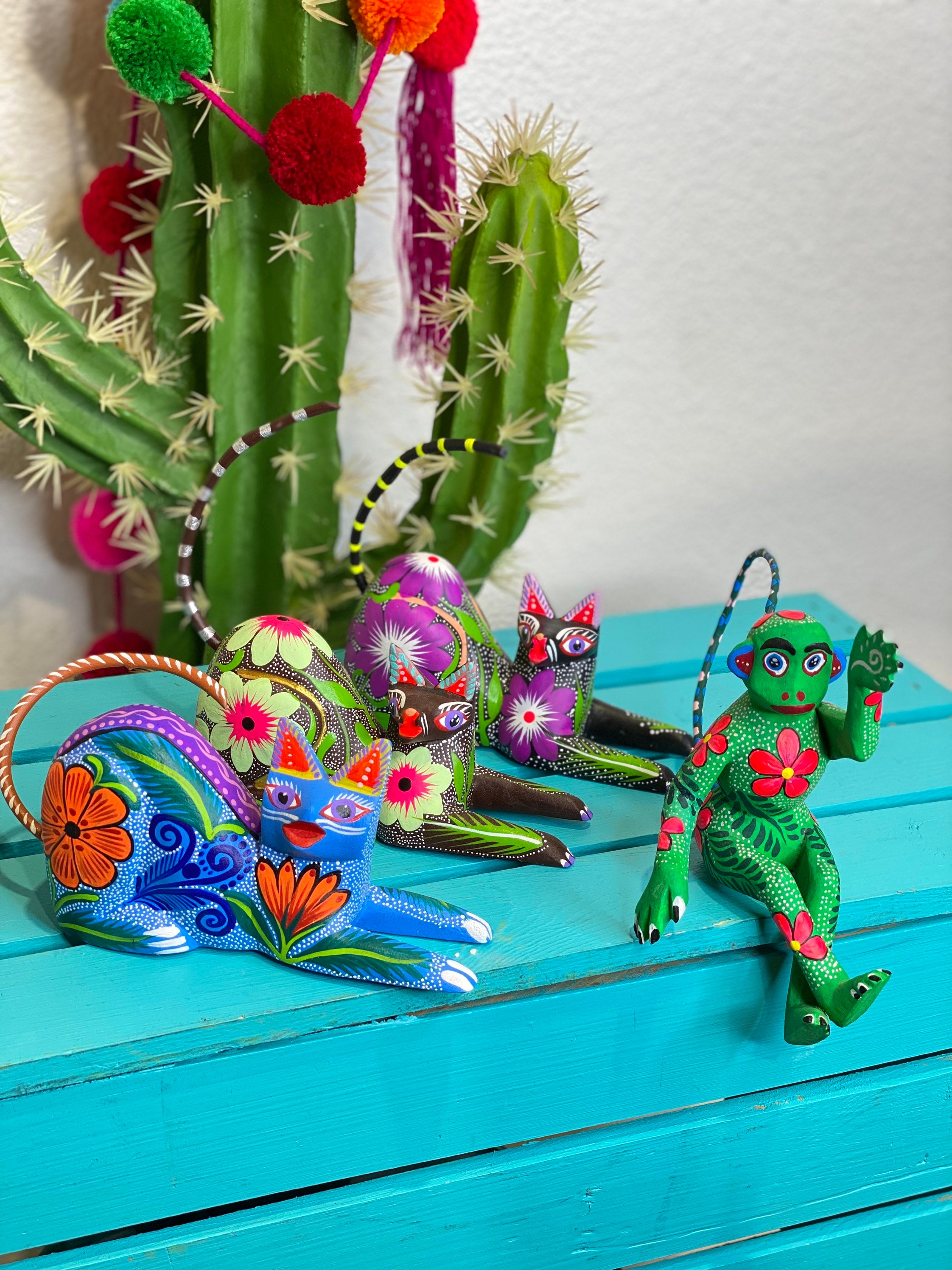 Handmade Copal Wood Alebrije: Oaxacan Cat & Monkey Figurines - Etsy