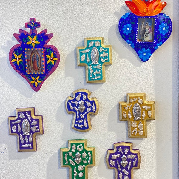 Wood Milagros Cross - Tin Nichos - Virgen - Wall Decor - Gifts - Mexican Folk Art - Corazon Sagrado - Mexican Sacred Heart - Wall Decor