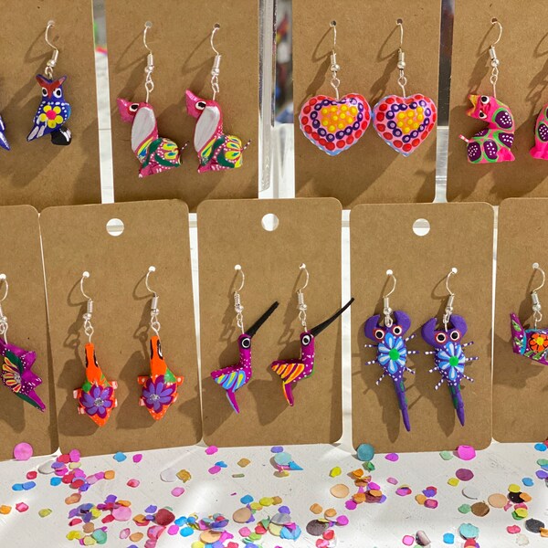 Mexican Earrings Alebrije Style Drop Shaped, Black & White