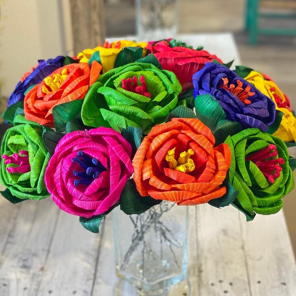 Corn Husk Rose - Decor - Stem Rose - Crafts - Dia De Los Muertos - Day Of The Dead - Mother’s Day - Fiesta Decor - Birthday - Hoja De Maiz