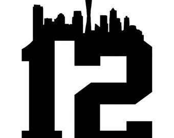 May include: Black silhouette of the Seattle skyline with the Space Needle, set against a white background, with the number 12 in black.