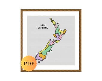 Counted Cross Stitch Pattern, Map of New Zealand, Multicolour Cross Stitch, New Zealand Map Cross Stitch Chart, PDF Download
