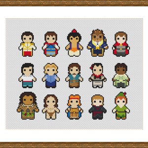 A cross-stitch pattern featuring 15 princes and heroes in pixel art style. The princes are arranged in three rows of five, with each prince wearing a signature outfit. This pattern is one of 3 included in the bundle.