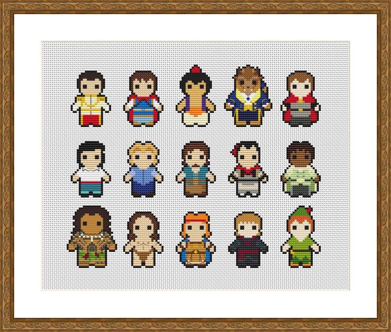 A cross-stitch pattern featuring 15 princes and heroes in pixel art style. The princes are arranged in three rows of five, with each prince wearing a signature outfit. This pattern is one of 3 included in the bundle.