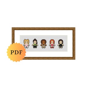 Può includere: Un punto croce incorniciato con cinque figure stilizzate con diversi colori di capelli e abiti. Le figure sono disposte orizzontalmente su uno sfondo bianco. La cornice è di colore marrone caldo e un logo PDF si trova nell'angolo in basso a sinistra.