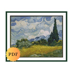 Van Gogh Wheat Field with Cypresses Counted Cross Stitch Pattern, Van Gogh Cross Stitch, Impressionist Painting (PDF Pattern Download)