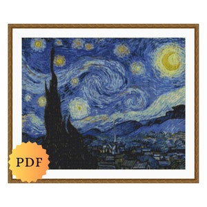 Van Gogh Starry Night Counted Cross Stitch Pattern, Starry Night Cross Stitch Pattern, Van Gogh Cross Stitch, Famous Paintings, PDF Download