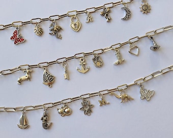 Custom Silver Charm Bracelet, Build Your Own Charm Bracelet, Choose From Over 100 Charms, Paperclip Chain, Figaro, Adjustable, Silver Tone