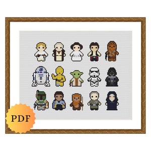 Counted Cross Stitch Sampler, Mini Galaxy Character Collection, Cross Stitch Pattern Chart, Cute Nerdy Cross Stitch Pattern, PDF Download image 1