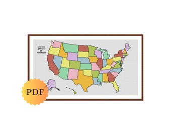 Mapa dos EUA em Ponto Cruz Contado, Mapa Multicolorido, Ponto Cruz Americano, Mapa dos Estados Unidos da América, Ponto Cruz EUA, PDF