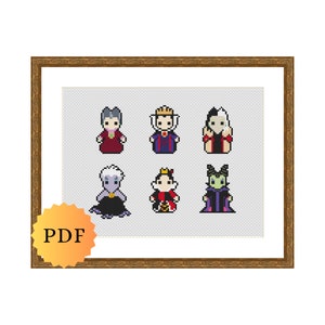 PDF cross-stitch pattern featuring six villains in a pixel art style. The villains are all women and are all in colourful outfits. The pattern is in a PDF format.