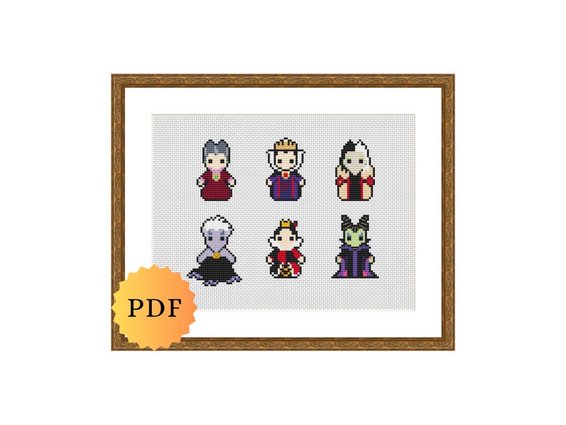 PDF cross-stitch pattern featuring six villains in a pixel art style. The villains are all women and are all in colourful outfits. The pattern is in a PDF format.