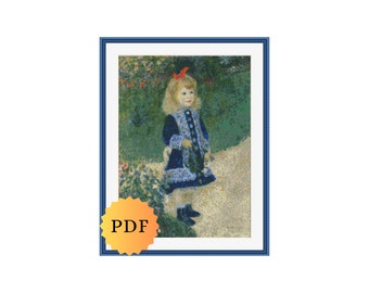 Patrón de punto de cruz contado, "La joven con regadera" de Renoir, punto de cruz de Renoir, pintura impresionista en punto de cruz, descarga en PDF