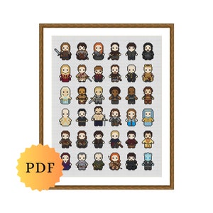 Op de afbeelding: Een kruissteekpatroon met een raster van 49 gepixelde personages uit de populaire tv-serie Game of Thrones. De personages zijn afgebeeld in hun iconische outfits en poses, waaronder Daenerys Targaryen, Jon Snow, Tyrion Lannister en Cersei Lannister.