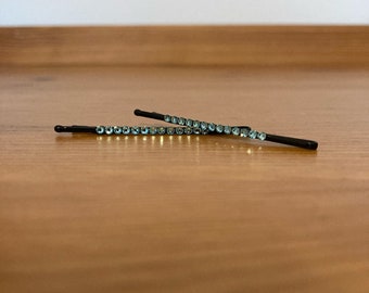 Set of 2 Aqua Crystal Bobby Pins, Preciosa Aqua Bohemica Hair Pins, Black and Gold Hair Pins, Hair Pins for Weddings and Prom, Sparkly