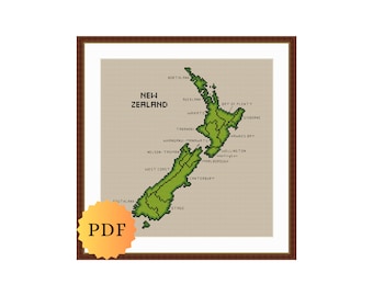 Map of New Zealand Counted Cross Stitch Pattern, New Zealand Map, Regions of New Zealand, New Zealand Cross Stitch Chart, PDF Download