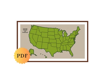 Mapa dos EUA em Ponto Cruz Contado, Mapa Verde, Ponto Cruz Americano, Mapa dos Estados Unidos da América, Ponto Cruz EUA, PDF