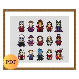 Counted Cross Stitch Sampler, Mini Villains Character Collection, Cross Stitch Pattern Chart, Cute Cross Stitch Pattern, PDF Download