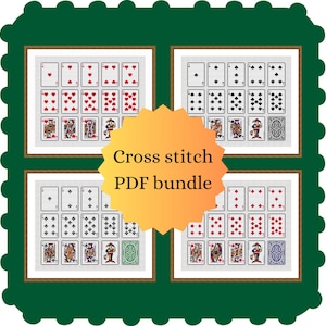 Könnte beinhalten: Vier gerahmte Kreuzstichmuster von Spielkarten, darunter Herz, Karo, Kreuz und Pik. Jeder Rahmen zeigt eine andere Farbe, mit dem Text "Cross stitch PDF bundle" in der Mitte.