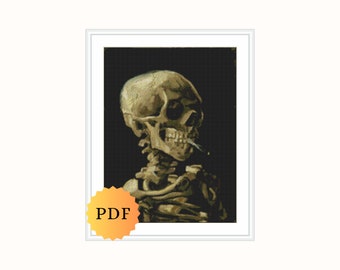 Counted Cross Stitch Pattern, Van Gogh Skeleton With a Cigarette Cross Stitch Pattern, Van Gogh Cross Stitch, Famous Paintings, PDF Download