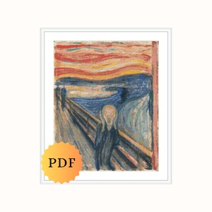 May include: A painting of a person screaming with a swirling, colorful background. The person is standing on a bridge with two figures in the distance. The sky is a vibrant red, orange, and yellow. The painting is a famous work of art by Edvard Munch.