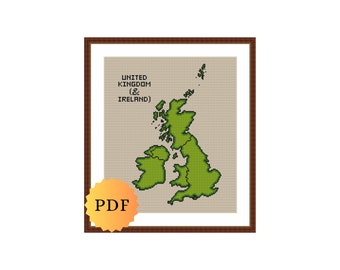 Gráfico de Ponto Cruz Contado, Mapa do Reino Unido e Irlanda (Download instantâneo em PDF para impressão)