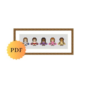 May include: A framed cross-stitch depicting five pixelated girls with varying skin tones and hair colours. Each girl holds a flower and wears a dress. The frame is light brown, and a PDF logo is in the corner.