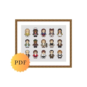 May include: A framed cross-stitch featuring 16 cartoon-style figures in various outfits. The figures are arranged in four rows of four, with a PDF graphic in the lower left corner. The frame is a medium brown color.