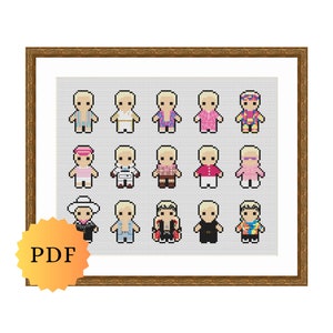 May include: A cross-stitch pattern featuring 16 different pixel art designs of a blonde man in various outfits. The designs are arranged in a grid pattern within a brown frame.