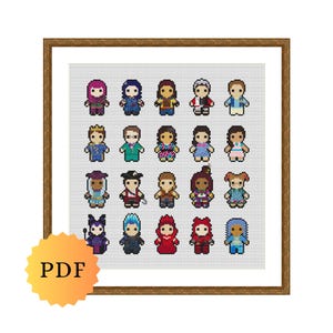 May include: A cross-stitch pattern featuring 18 characters from the Disney Descendants movie series. The characters are depicted in a grid pattern, with each character wearing a different outfit. The characters include Mal, Evie, Carlos, Jay, Ben, Audrey, Doug, Jane, Chad, Lonnie, Uma, Harry, Gil, and more.