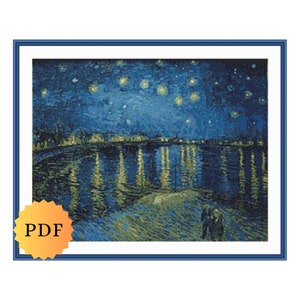 Van Gogh Starry Night Over the Rhone Counted Cross Stitch Pattern, Van Gogh Cross Stitch, Starry Night, Famous Paintings, PDF Download