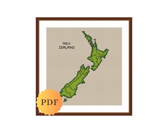 Counted Cross Stitch Pattern, Map of New Zealand, New Zealand Map, Regions of New Zealand, New Zealand Cross Stitch Chart, PDF Download