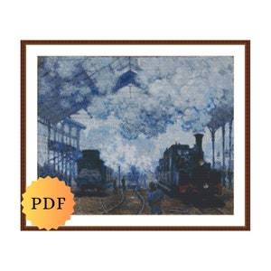 Monet The Gare Saint-Lazare Arrival of a Train Counted Cross Stitch Pattern, Monet Cross Stitch, Impressionist Paintings, PDF Download