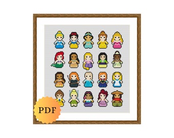 Counted Cross Stitch Sampler, Updated Mini Princesses Character Collection, Cross Stitch Pattern Chart, Cute Cross Stitch, PDF Download