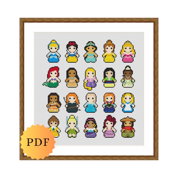 Counted Cross Stitch Sampler, Updated Mini Princesses Character Collection, Cross Stitch Pattern Chart, Cute Cross Stitch, PDF Download