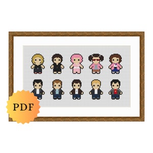 May include: Cross stitch pattern featuring pixelated characters from the movie Clueless. The characters are in a variety of colors, including pink, blue, red, and black. The pattern is in a PDF format.