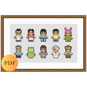 May include: A cross-stitch pattern featuring 10 pixelated characters from the animated television show "Bob's Burgers". The characters include Bob, Linda, Tina, Gene, Louise, Teddy, Jimmy Jr., Mr. Fischoeder, and the family dog,  a green, four-legged creature.