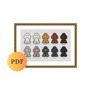 May include: A framed cross-stitch pattern showing a grid of poodle designs in shades like white, cream, apricot, red, brown, silver beige, cafe au lait, silver, blue, and black. A yellow sticker with "PDF" is visible.