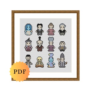 May include: Cross stitch pattern featuring 14 characters from the movie The Nightmare Before Christmas. The characters are depicted in a pixelated style and include Jack Skellington, Sally, Oogie Boogie, and more.