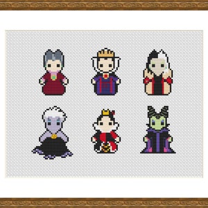 PDF cross-stitch pattern featuring six villain characters. Each character is depicted in a mini, colourful, pixelated style. The pattern is stitched on a white background and is ready to download.