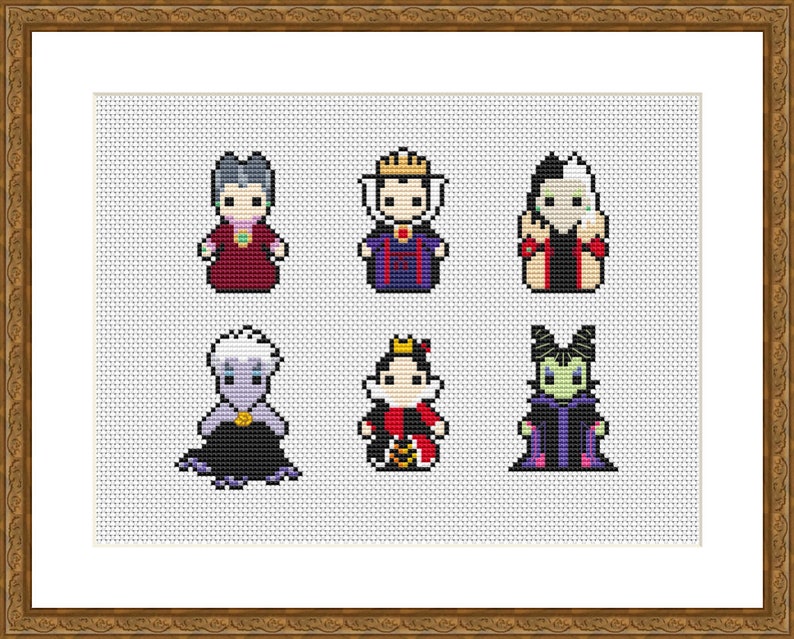 PDF cross-stitch pattern featuring six villain characters. Each character is depicted in a mini, colourful, pixelated style. The pattern is stitched on a white background and is ready to download.