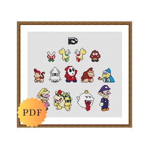 May include: A cross-stitch pattern featuring various characters from the Super Mario Bros. video game series. The characters include Mario, Luigi, Peach, Bowser, Toad, Yoshi, and more. The pattern is in a black and white color scheme and is perfect for any fan of the game.
