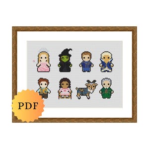 May include: A cross-stitch pattern featuring characters from The Wizard of Oz. The pattern includes Dorothy, the Wicked Witch of the West, the Scarecrow, the Tin Man, the Cowardly Lion, Glinda the Good Witch, the Flying Monkeys, and Toto the dog.