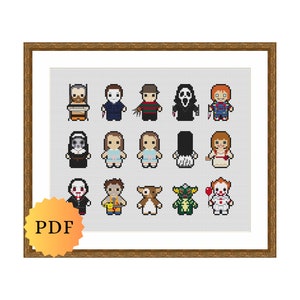 Counted Cross Stitch Sampler, Mini Horror Character Collection, Cross Stitch Pattern Chart, Cute Cross Stitch, PDF Download, Printable