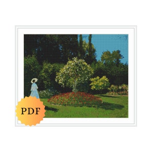Counted Cross Stitch Pattern, Monet Lady in the Garden Cross Stitch, Famous Paintings, Monet Cross Stitch Chart, PDF Download