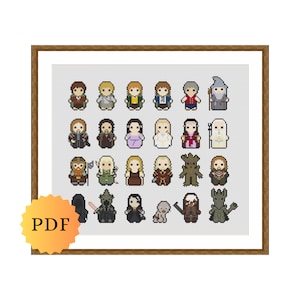 May include: A cross-stitch pattern featuring 25 characters from the Lord of the Rings and The Hobbit. The characters are depicted in a pixelated style, with each character having a unique design and color scheme.