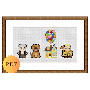 May include: Cross stitch pattern featuring characters from the animated film Up. The pattern includes an older man, a dog, a house, and a cluster of colourful balloons.