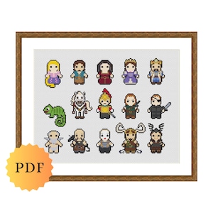 Peut inclure: Motif de point de croix représentant divers personnages pixélisés, dont une princesse, un roi et un chevalier. Les personnages sont disposés sur un fond blanc dans un cadre. Un logo PDF est dans le coin inférieur gauche.